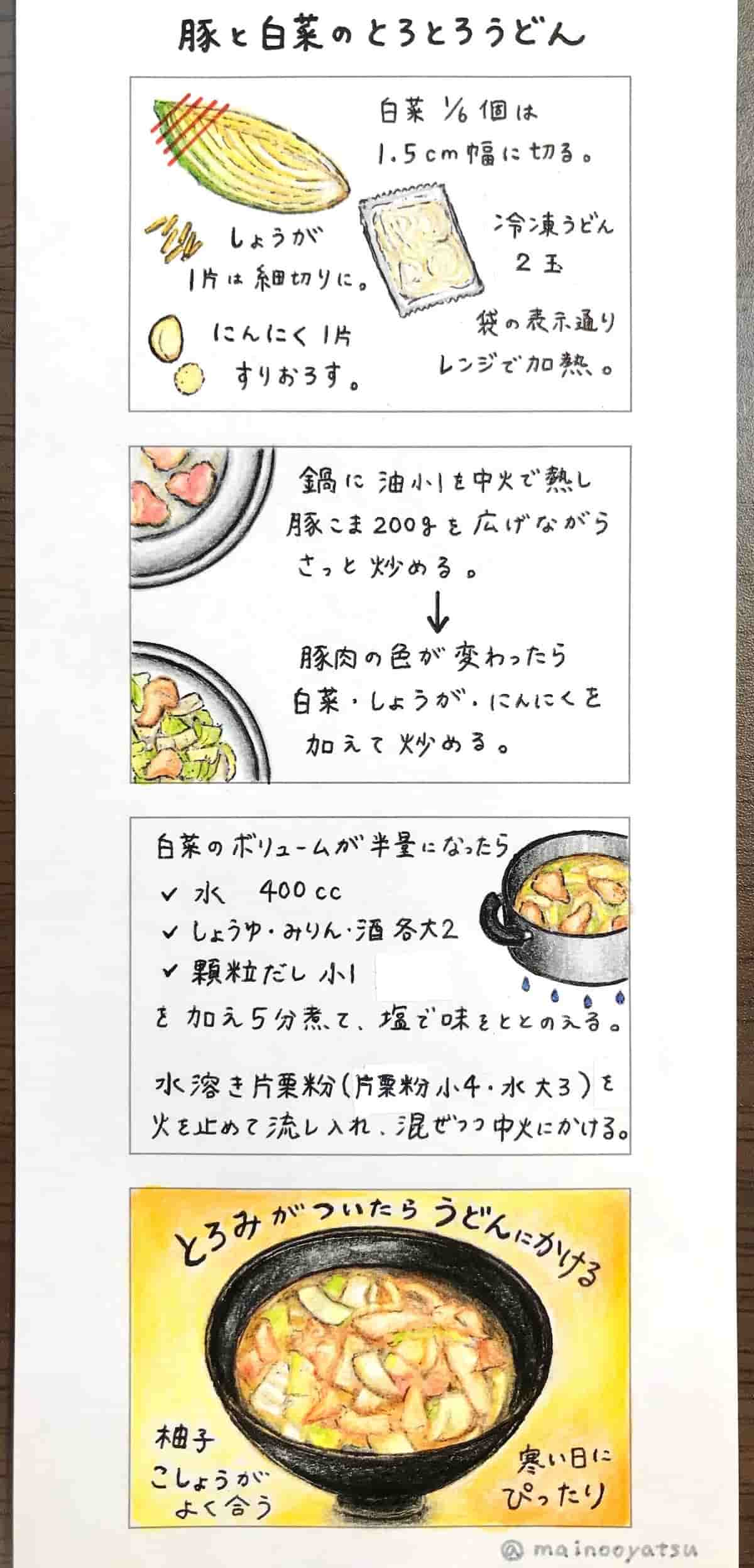 4コマレシピ まいのおやつ 豚と白菜のとろとろうどん