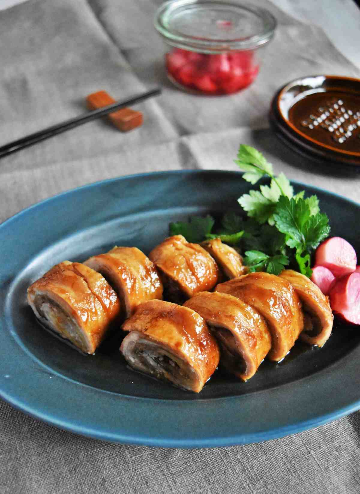 なすの焼豚ロール～甘酢だれ～