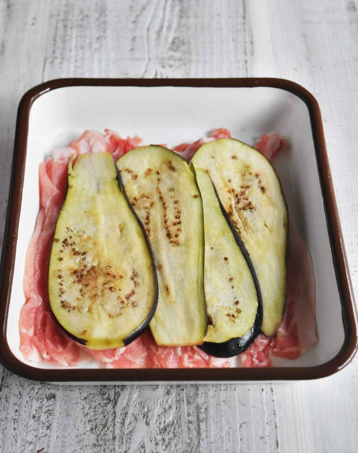 なすの焼豚ロール～甘酢だれ～
