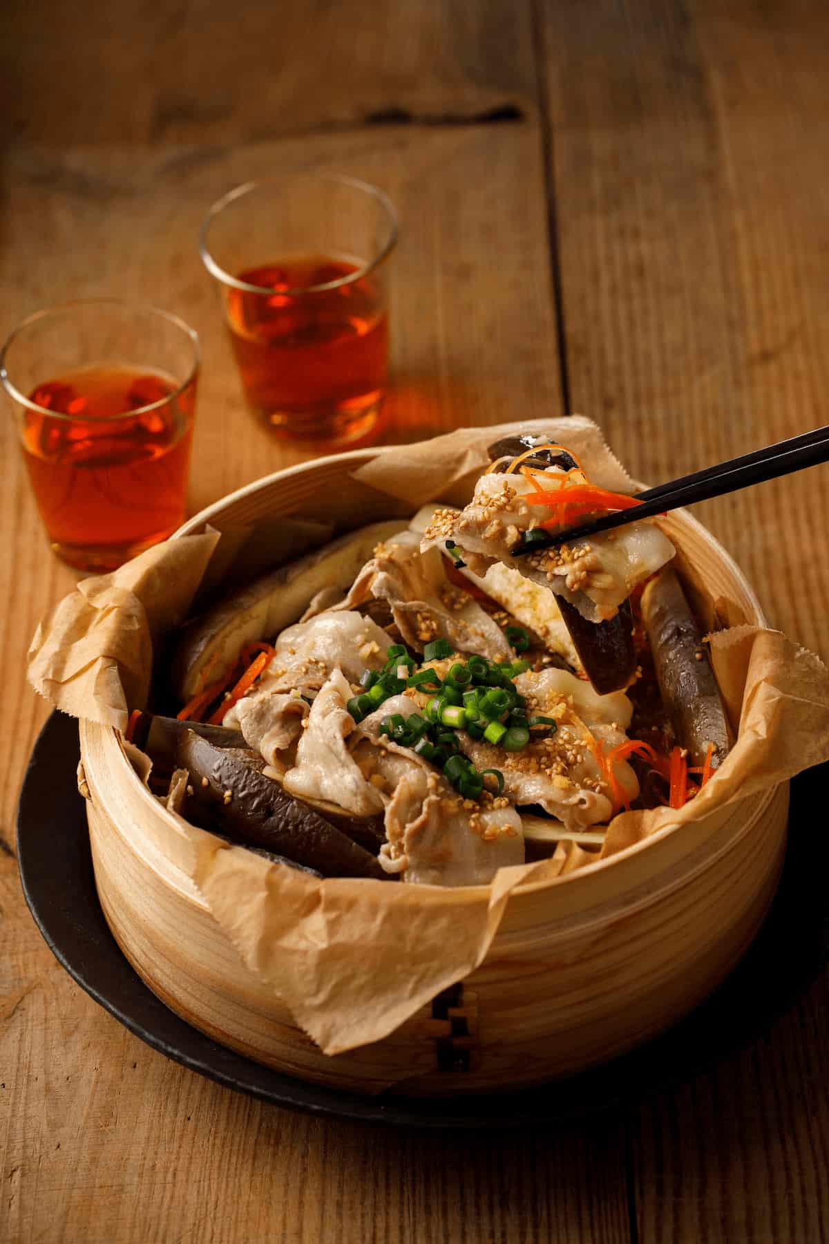 なすと豚肉のせいろ蒸し