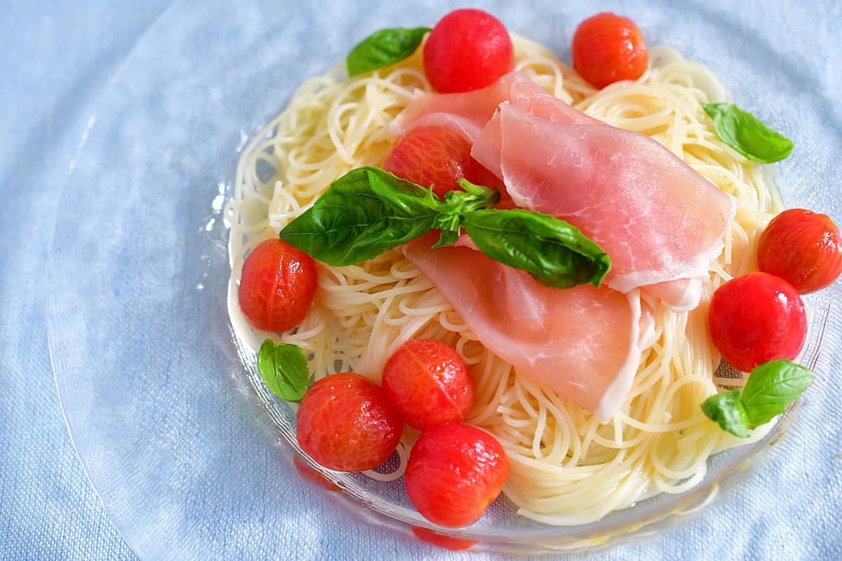 ミニトマトのコンポートの冷製パスタ
