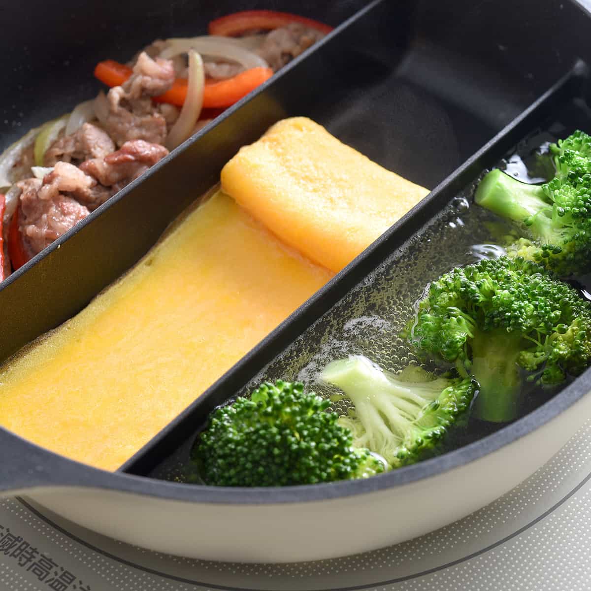 3品同時に調理 センターエッグトリプルパンmini／仕切りフライパン IH お弁当 玉子焼き