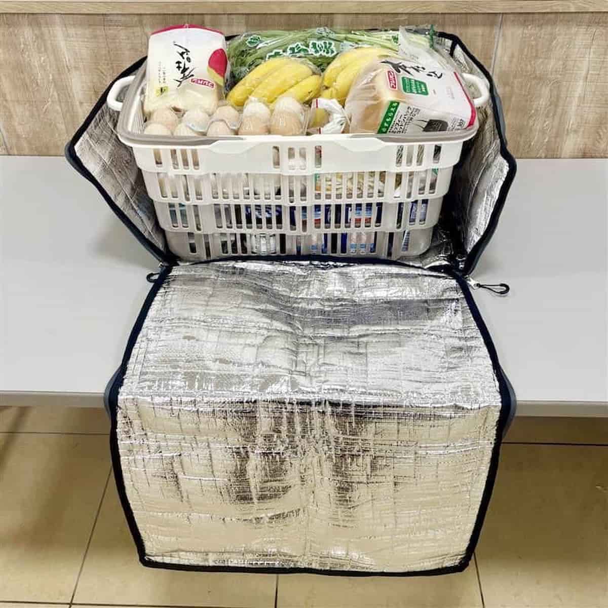 【2点セット】　bon moment 買い物カゴがまるっと入る 保冷バッグ／ボンモマン ＆ 折りたたみバスケット