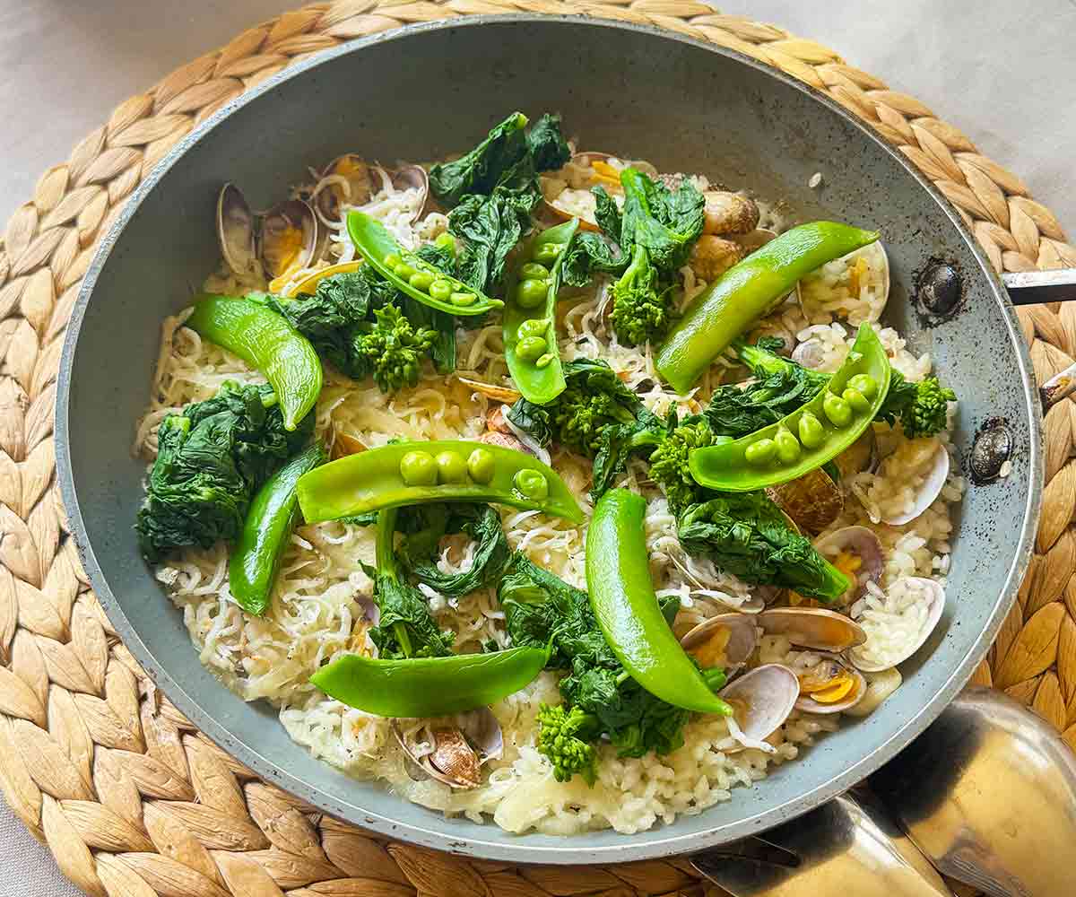 和風だしで作る♪「春野菜とあさりの和風パエリア」レシピ