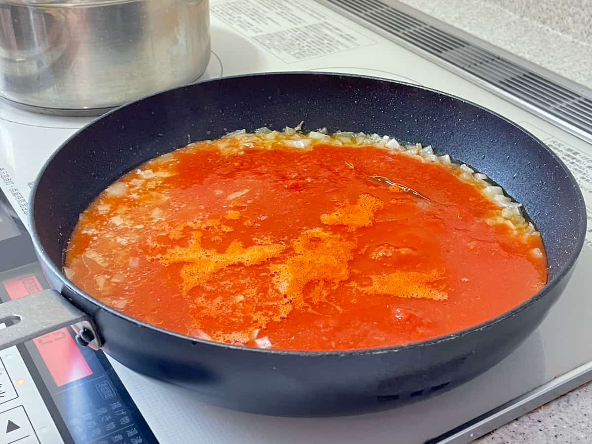 枝豆と鶏肉のトマト煮パスタ