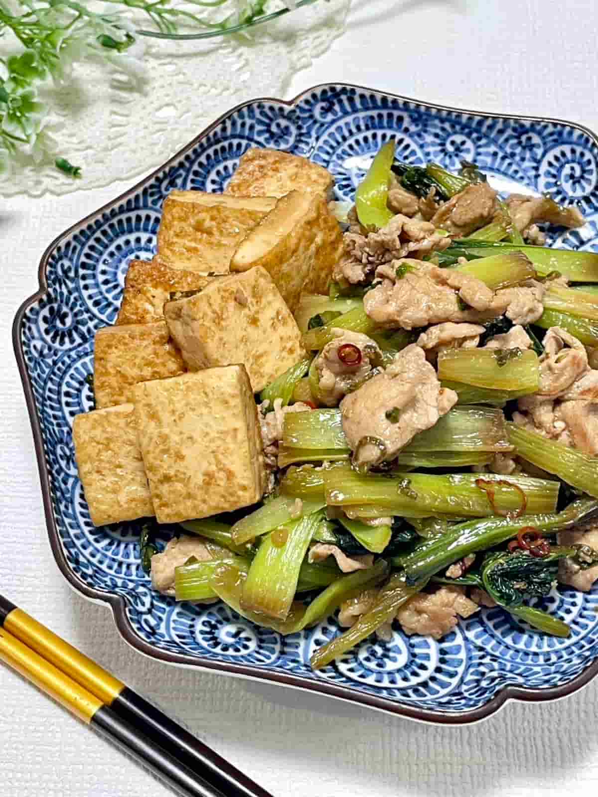 小松菜と豚肉の中華風ピリ辛炒め